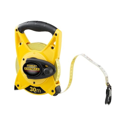 Stanley 2-34-814 open reel tape measure, yellow and black, 30m length, front angle photo.