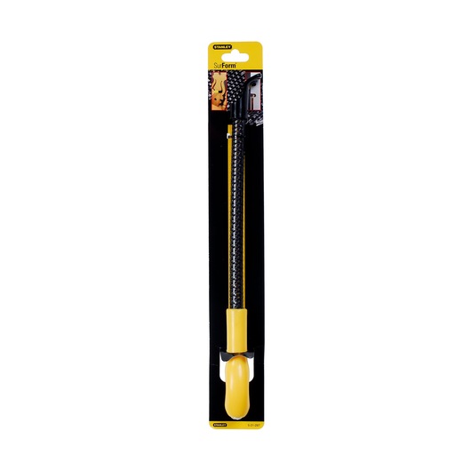 Stanley 5-21-297 photography of yellow Surform file tool with ergonomic handle, front packaging view.
