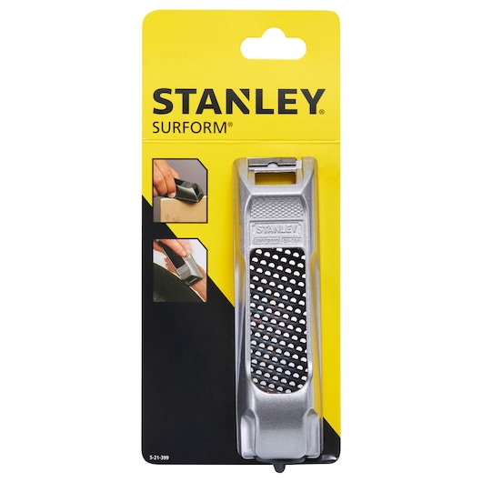STANLEY 5-21-399 Surform tool, silver, on retail packaging, front angle.