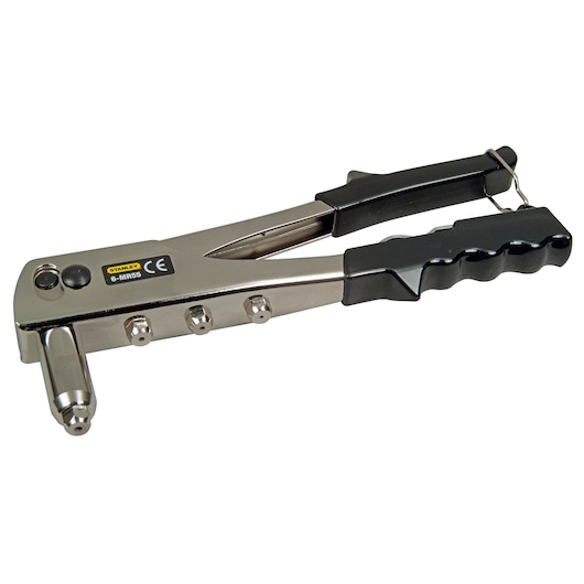 STANLEY 6-MR55 hand riveter with black ergonomic handles, side view on white background.