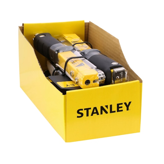 Yellow STANLEY box holding several photography tools with black handles, partially visible from the front.
