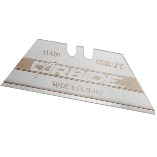 STANLEY 8-11-800 utility knife blade, silver with gold carbide branding, photography, front angle on white background.