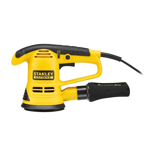 Stanley FME440K corded yellow orbital sander, side view on white background.