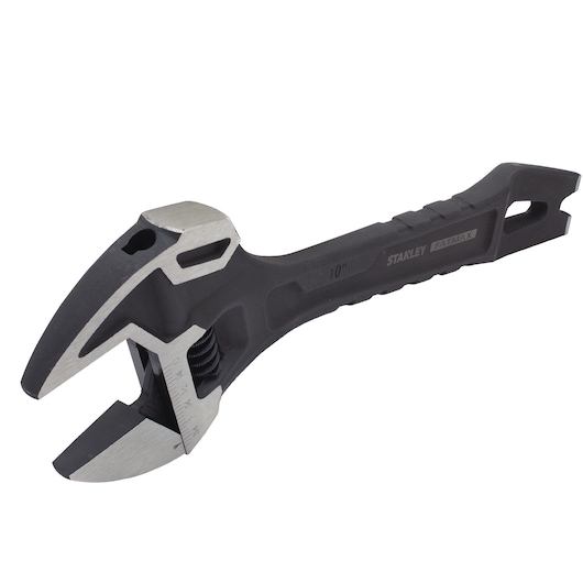 STANLEY FMHT0-75081 adjustable wrench with black handle and satin finish, front angle on white background.