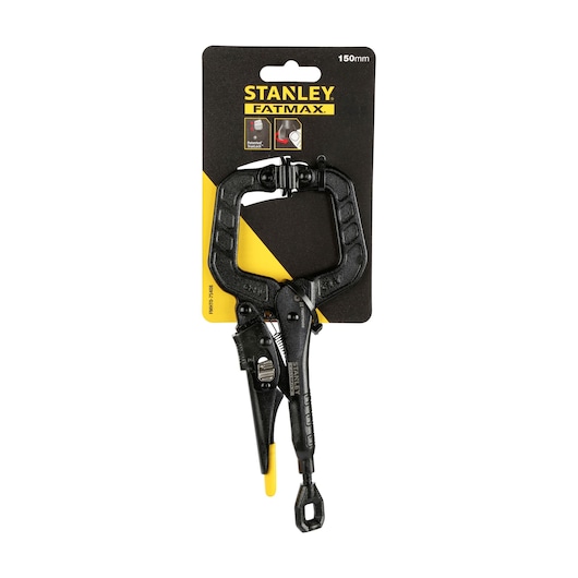 Photo of STANLEY FMHT0-75408 locking C-clamp 150mm, black, in packaging, front angle.