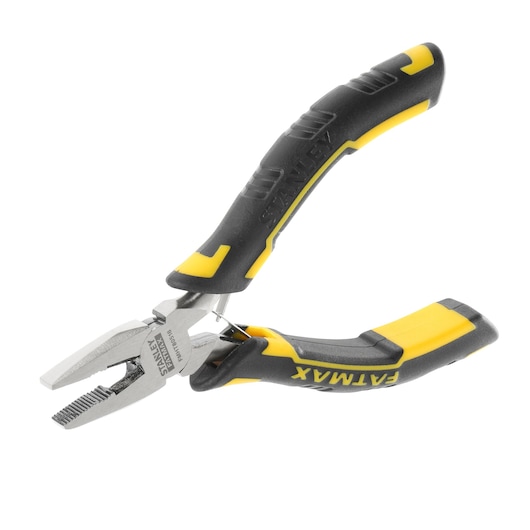 STANLEY FMHT0-80516 pliers with black and yellow ergonomic handles, side view, on white background.