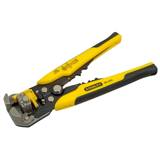 STANLEY FMHT0-96230 wire stripper pliers with yellow and black ergonomic handles, angled view on white background.