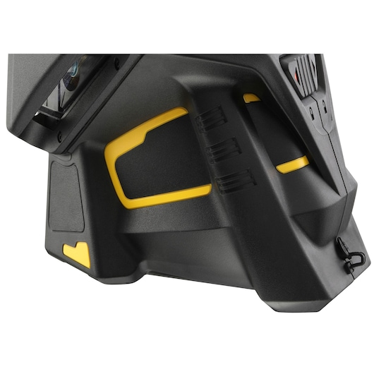 STANLEY FMHT1-77357 photography of a black and yellow device housing, close-up angled view.