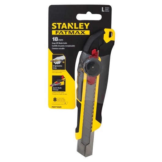 STANLEY FMHT10329 FATMAX 18mm snap-off blade knife, ergonomic grip, front view on white background.