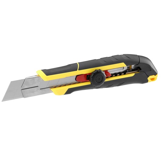 Snap-off utility knife with yellow and black handle, adjustable blade, used for cutting tasks.