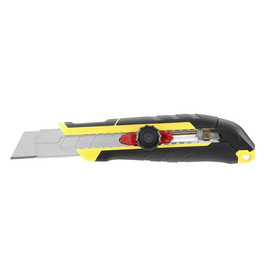 Stanley utility knife with retractable blade, black and yellow handle, adjustment knob, and safety lock.