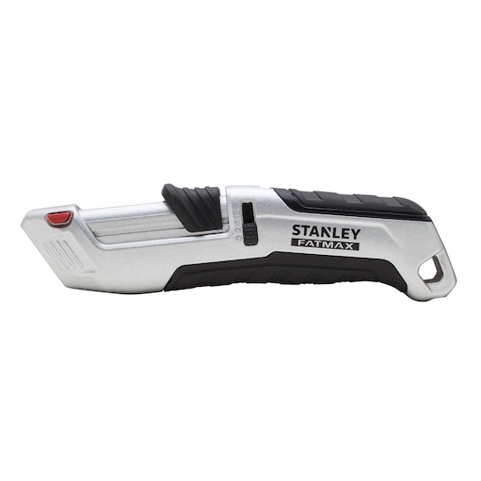 STANLEY FMHT10367-0 utility knife with silver and black handle, left side view on white background.