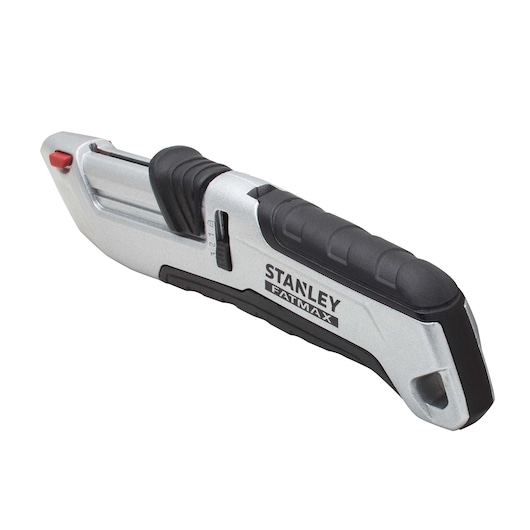 STANLEY FMHT10367-0 folding utility knife with black ergonomic grip, silver body, angled on white background.