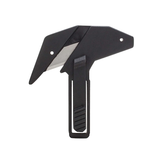 STANLEY FMHT10375 black utility knife with blade exposed, side angle on white background.