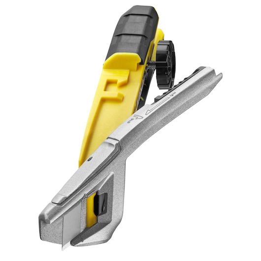 Stanley yellow and silver utility knife with black grip, angled close-up on white background