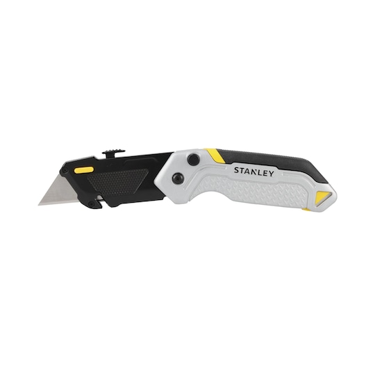 STANLEY FMHT10621-0 folding utility knife, black and silver with yellow accents, side view on white background.