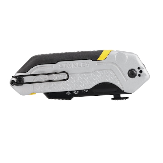 STANLEY FMHT10621-0 folding utility knife, silver and black, side view, with pocket clip and textured grip.