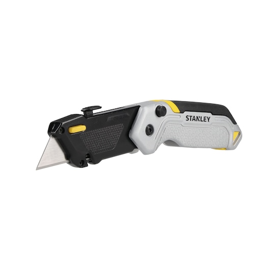 Photo of STANLEY FMHT10621-0 folding utility knife with black and gray handle, side angle on white background.