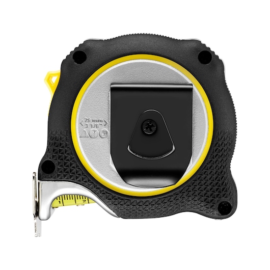 STANLEY FMHT38214-0 tape measure with black rubber grip, metal belt clip, side angle on white background.
