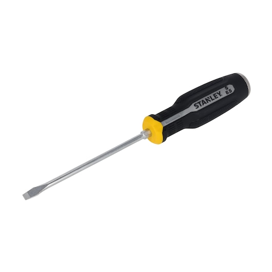 STANLEY FMHT65700-0 slotted screwdriver with black and yellow handle, side angle on white background.