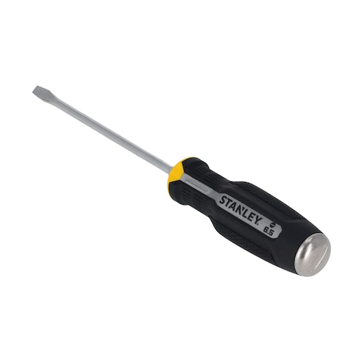 STANLEY FMHT65700-0 slotted screwdriver with black-yellow ergonomic handle, side angle on white background.