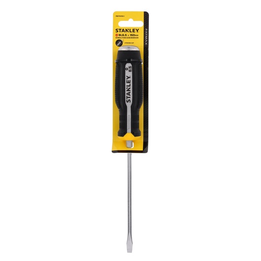 Photo of STANLEY FMHT65700-0 slotted demolition screwdriver in yellow and black packaging, front view.