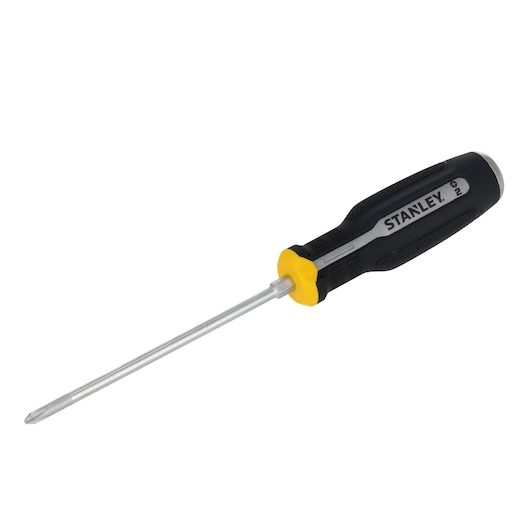 Photo of STANLEY FMHT65701-0 Phillips screwdriver with black and yellow ergonomic handle, side angle, white background.