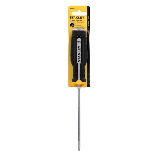 Photo of STANLEY FMHT65701-0 Phillips demolition screwdriver in yellow and black packaging, front angle.