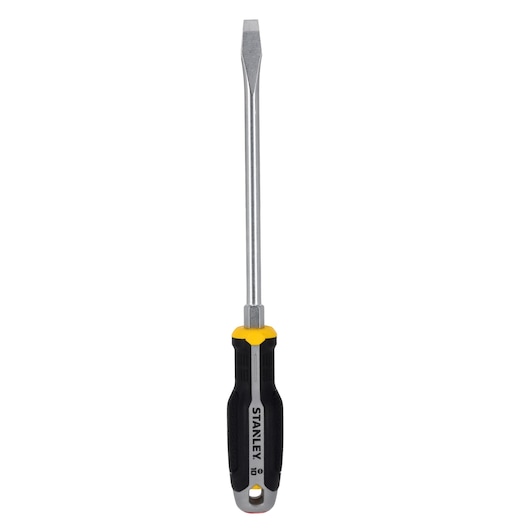 STANLEY FMHT65702-0 slotted screwdriver with black and yellow ergonomic handle, front view, white background.