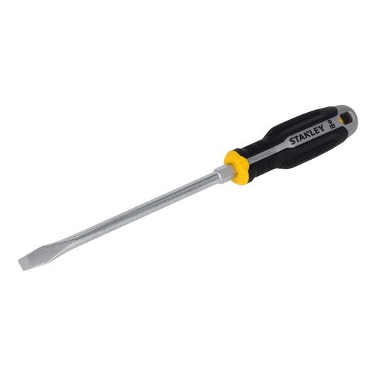 STANLEY FMHT65702-0 flathead screwdriver with black and yellow handle, angled product photo on white background.
