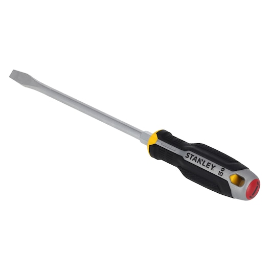 STANLEY FMHT65702-0 slotted screwdriver with black and yellow handle, side angle on white background.