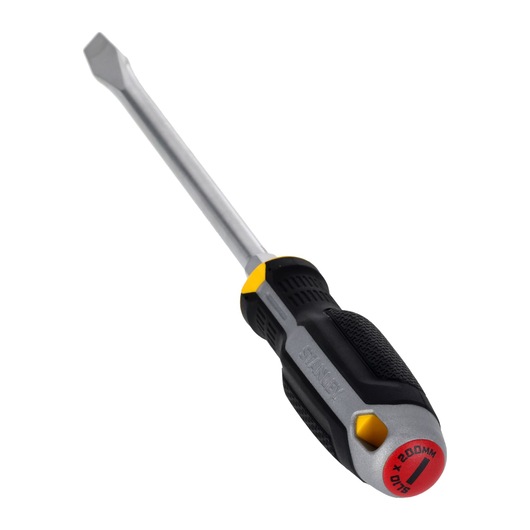 STANLEY FMHT65702-0 slotted screwdriver with black and yellow ergonomic handle, angled on white background.