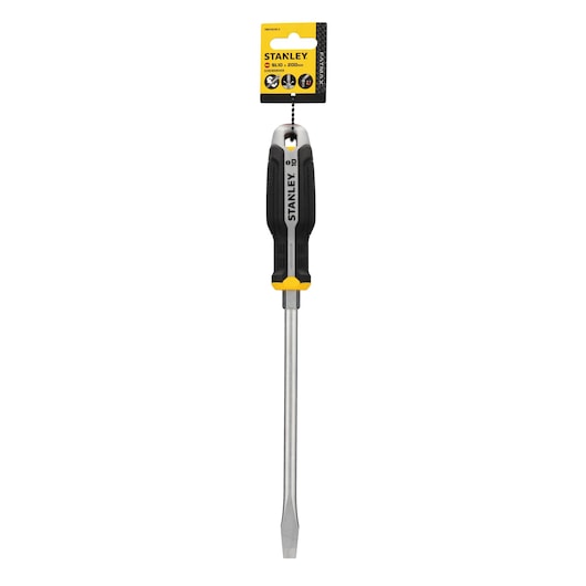 STANLEY FMHT65702-0 slotted screwdriver with black and yellow handle, front view on white background.