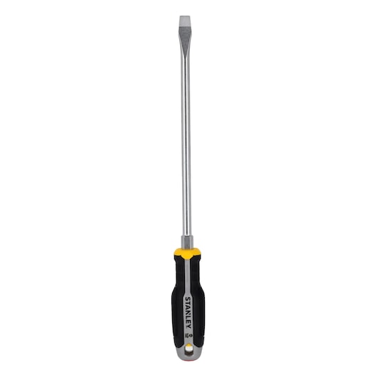 STANLEY FMHT65703-0 slotted screwdriver with black and yellow handle, straight-on angle, white background.