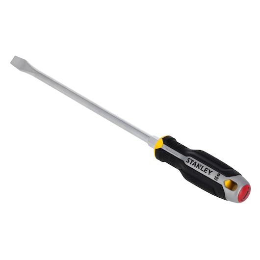 STANLEY FMHT65703-0 flathead screwdriver with black and yellow handle, side view on white background.