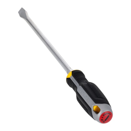 STANLEY FMHT65703-0 flathead screwdriver with black and yellow handle, photographed at an angle on white background.
