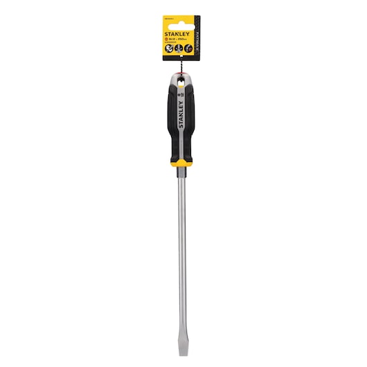 Photo of STANLEY FMHT65703-0 slotted screwdriver with black-yellow handle, shown upright on white background.