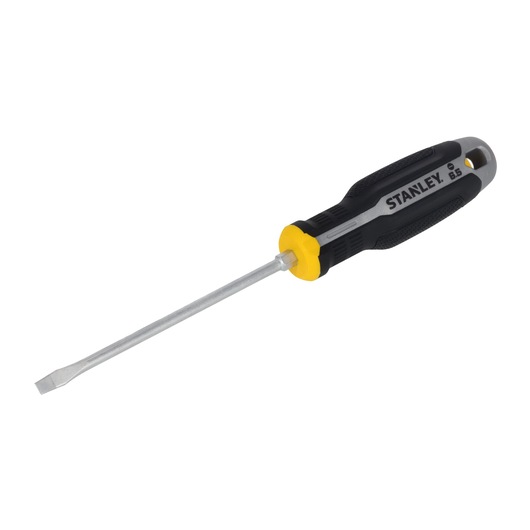 STANLEY FMHT65704-0 flathead screwdriver with black and yellow handle, product side angle on white background.