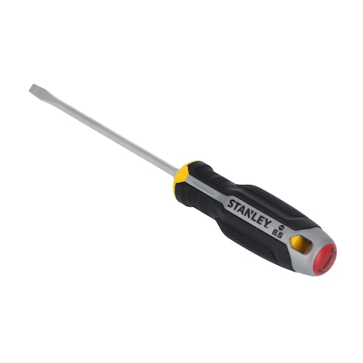 Photo of STANLEY FMHT65704-0 flathead screwdriver with black and yellow ergonomic handle, angled on white background.