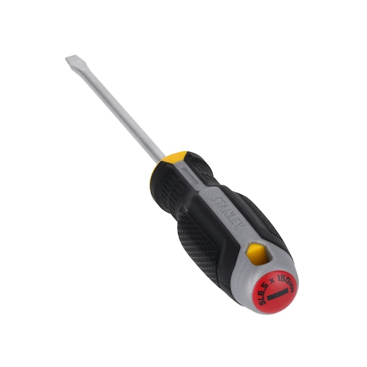 STANLEY FMHT65704-0 slotted screwdriver with black and yellow ergonomic handle, angled on white background.