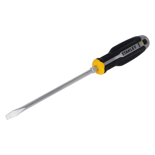 Photo of STANLEY FMHT65705-0 slotted screwdriver with black and yellow handle, side angle on white background.