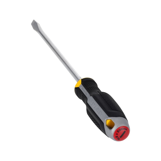 STANLEY FMHT65705-0 slotted screwdriver, black and yellow handle, product angle on white background.
