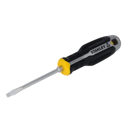 Photo of STANLEY FMHT65706-0 flathead screwdriver with black and yellow handle, side angle on white background.