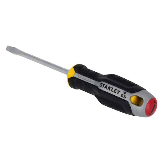 Photo of STANLEY FMHT65706-0 flathead screwdriver, black and yellow handle, side angle, white background.