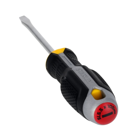 STANLEY FMHT65706-0 slotted screwdriver, black and yellow handle, front angle on white background.