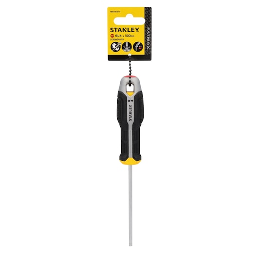 Photo of STANLEY FMHT65707-0 slotted screwdriver with black and yellow handle, 100mm shaft, on white background.