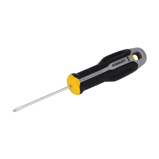STANLEY FMHT65708-0 flathead screwdriver with black and yellow ergonomic handle, side angle on white background.