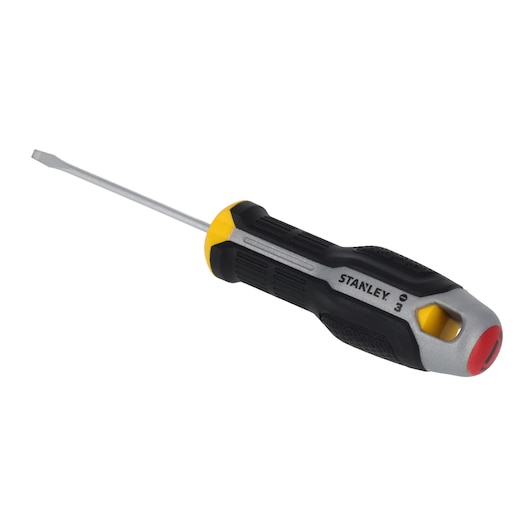 STANLEY FMHT65708-0 flathead screwdriver with black, yellow, and silver handle, angled view on white background.