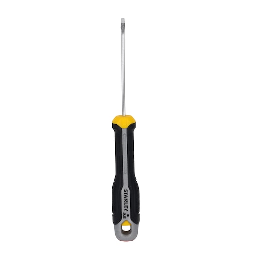 STANLEY FMHT65709-0 screwdriver with black and yellow handle, flathead, front angle on white background.