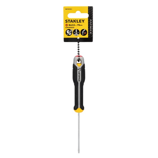 Photo of STANLEY SL2.5 x 75mm screwdriver, SKU FMHT65709-0, black and yellow handle, front view, on white.